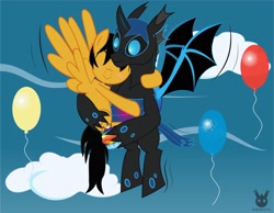 Size: 2002x1557 | Tagged: safe, artist:wheatley r.h., derpibooru exclusive, oc, oc only, oc:rito, oc:w. rhinestone eyes, changeling, pegasus, pony, balloon, bat wings, birthday, birthday candles, birthday cupcake, birthday gift art, black hair, blue blush, blue changeling, blue eyes, blue hair, blue sky, blushing, changeling oc, choker, claws, clothes, cloud, collar, cupcake, eyes closed, flying, food, grab, hair over one eye, happy, horn, hug, looking down, love, male, messy tail, orange skin, pegasus oc, pegasus wings, rainbow cupcake, single panel, sky, smiling, soft, spiked choker, spiked collar, spread wings, stallion, tail, vector, watermark, white berry, wings