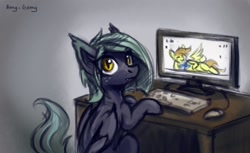 Size: 1280x784 | Tagged: safe, artist:amy-gamy, oc, oc only, oc:lemon squeezy, oc:little mine, bat pony, pony, bat pony oc, computer, computer monitor, computer mouse, computer screen, desk, keyboard, looking at you, monitor, sitting, slit eyes, wings