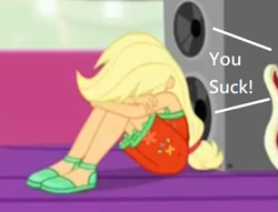 Size: 519x396 | Tagged: safe, edit, edited screencap, screencap, applejack, better together, equestria girls, spring breakdown, abuse, background pony strikes again, downvote bait, jackabuse, op is a cuck, op is trying to start shit, sad