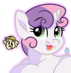 Size: 846x874 | Tagged: safe, artist:rainbow eevee, sweetie belle, oc, oc:landen irelan, pony, unicorn, cute, looking down, looking up, open mouth, simple background, smiling, solo, white background