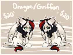 Size: 2050x1554 | Tagged: safe, artist:kellythedrawinguni, oc, oc only, dragon, griffon, hybrid, pony, adoptable, advertisement, female, horn, paws