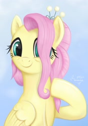 Size: 1920x2748 | Tagged: safe, artist:fladdrarblyg, fluttershy, pegasus, pony, the last problem, bust, colored, cute, female, folded wings, gradient background, hair over one eye, hoof on chest, looking at you, mare, older, older fluttershy, portrait, raised hoof, shyabetes, smiling, solo, three quarter view, wings