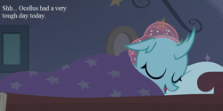 Size: 864x432 | Tagged: safe, edit, edited screencap, screencap, ocellus, changedling, changeling, 2 4 6 greaaat, bed, blanket, caption, cropped, cuddly, cute, cuteling, daaaaaaaaaaaw, diaocelles, image macro, pillow, sleeping, snuggling, solo, text, weapons-grade cute