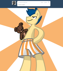 Size: 1024x1154 | Tagged: safe, artist:shadowkixx, oc, oc:sunray smiles, earth pony, pony, ask, ask sunray smiles, bipedal, boxers, clothes, male, solo, stallion, teddy bear, tumblr, underwear