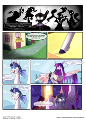 Size: 3500x4900 | Tagged: safe, artist:iheyyasyfox, twilight sparkle, twilight sparkle (alicorn), oc, oc:stella alba nyx, alicorn, pony, comic:first day of school, cloak, clothes, female, filly, mare, mother and child, mother and daughter, offspring, parent and child, parent:flash sentry, parent:twilight sparkle, parents:flashlight