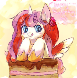 Size: 1280x1308 | Tagged: safe, artist:crystal-chima, oc, oc only, alicorn, pony, alicorn oc, blushing, cake, colored wings, curved horn, female, flower, flower in hair, food, happy birthday, heart, hoof shoes, horn, mare, solo, spread wings, tongue out, wings