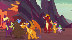 Size: 1920x1080 | Tagged: safe, screencap, billy (dragon), garble, smolder, spike, dragon, sweet and smoky, clump, dragon lands, dragoness, female, lava, male, teenaged dragon