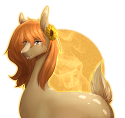 Size: 1152x1088 | Tagged: safe, artist:lastaimin, oc, oc:sira, earth pony, pony, deer tail, female, flower, flower in hair, mare, solo, sunflower