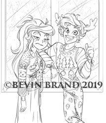 Size: 792x924 | Tagged: safe, artist:bevin brand, gloriosa daisy, timber spruce, equestria girls, antlers, bed hair, christmas sweater, clothes, lineart, official fan art, reindeer antlers, sweater, thumbs up, watermark, window