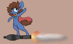 Size: 2836x1732 | Tagged: safe, artist:claudearts, oc, oc only, oc:bizarre song, pegasus, pony, broken horn, cape, clothes, horn, jewelry, looking at you, messy mane, necklace, rocket, rocket surfing, simple background, smiling, solo, team fortress 2, this will end in pain, video game, waving