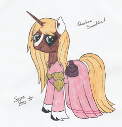 Size: 1870x1942 | Tagged: safe, artist:serenepony, oc, oc:sweetheart, pony, unicorn, clothes, dress, female, long mane, mare, satchel, shoulder pads, simple background, solo, tales of equestria, traditional art