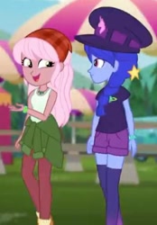 Size: 347x499 | Tagged: safe, screencap, raspberry lilac, space camp (character), better together, equestria girls, clothes, cropped, duo, hat, talking, tanktop, walking