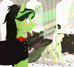 Size: 1024x931 | Tagged: safe, artist:blu-fatiguemonster, pony, unicorn, clothes, dress, harumi, lego, marriage, morro, ninjago, ponified, tuxedo, wedding, wedding dress