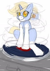 Size: 2480x3507 | Tagged: safe, artist:mcsplosion, oc, oc:nootaz, pony, unicorn, dizzy, female, nootvember, nootvember 2019, sketch, solo, spinning, this will end in vomiting, tiny, tiny ponies, turntable, you spin me right round