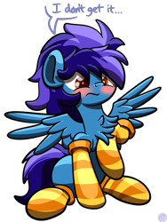 Size: 1536x2048 | Tagged: safe, artist:kimjoman, oc, oc only, pegasus, pony, blushing, chest fluff, clothes, cute, male, simple background, socks, solo, stallion, striped socks, transparent background
