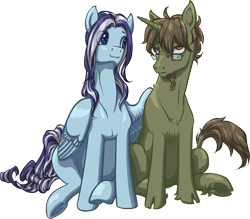Size: 2087x1829 | Tagged: safe, artist:saby, oc, oc only, oc:splendence, oc:windwatcher, classical unicorn, pegasus, pony, unicorn, - -, 2020 community collab, :3, cel shading, chest fluff, cloven hooves, colored, colored outlines, derpibooru community collaboration, duo, facial hair, femboy, fetlock tuft, friends, full color, goatee, graying hair, hoverwing, hug, leonine tail, looking at you, male, shading, side by side, simple background, sitting, smiling, stallion, striped mane, transparent background, unamused, underhoof, winghug