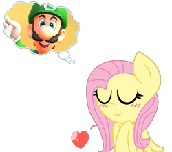 Size: 1129x1002 | Tagged: safe, artist:noreen-loves-spidey, artist:user15432, fluttershy, human, pegasus, pony, barely pony related, base used, blushing, crossover, crossover shipping, heart, luigi, luigishy, mario kart, mario kart tour, nintendo, shipping, super mario bros., thinking, thinking bubble