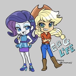 Size: 763x767 | Tagged: safe, artist:5mmumm5, applejack, rarity, better together, equestria girls, my little pony: pony life, cute, gray background, jackabetes, raribetes, simple background, smiling, smirk, style emulation