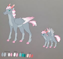 Size: 1856x1737 | Tagged: safe, artist:nightshade2004, oc, oc only, oc:frostine lux, hybrid, pegasus, pony, cloven hooves, colored hooves, colored wings, colored wingtips, female, filly, gray background, interspecies offspring, mare, offspring, parent:discord, parent:fluttershy, parents:discoshy, reference sheet, simple background, solo