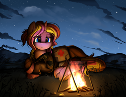 Size: 3300x2550 | Tagged: safe, artist:pridark, oc, oc only, oc:gentle care, pony, unicorn, bonfire, campfire, clothes, commission, female, fire, first aid kit, high res, mare, medical saddlebag, night, prone, solo, underhoof