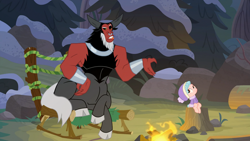 Size: 1920x1080 | Tagged: safe, screencap, cozy glow, lord tirek, pegasus, pony, frenemies (episode), campfire, chair, duo, female, filly, sitting, tongue out