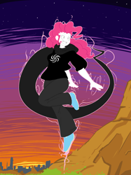 Size: 1234x1654 | Tagged: safe, artist:reiduran, derpibooru import, pinkie pie, human, clothes, female, flying, god tier, hero of space, homestuck, hoodie, humanized, looking at you, open mouth, pants, shirt, shoes, smiling, solo