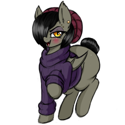 Size: 1200x1200 | Tagged: safe, artist:aer0 zer0, oc, oc only, oc:enzeria, bat pony, 2020 community collab, beanie, clothes, derpibooru community collaboration, ear piercing, earring, female, hair over one eye, hat, jewelry, lidded eyes, open mouth, piercing, simple background, smiling, solo, sweater, the ass was fat, transparent background