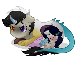 Size: 974x743 | Tagged: safe, artist:hikariviny, oc, oc:chaotic, oc:harmony (hikariviny), hybrid, pony, blanket, colt, female, filly, heterochromia, interspecies offspring, male, offspring, overprotective, parent:discord, parent:princess celestia, parents:dislestia, siblings, sick