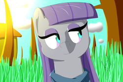 Size: 3000x2000 | Tagged: safe, artist:jimmy draws, maud pie, earth pony, pony, the maud couple, clothes, cute, female, grass, mare, smiling, solo, tree, when she smiles