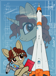 Size: 1590x2145 | Tagged: safe, artist:lunebat, oc, oc:blas ruis, pony, unicorn, blueprint, male, pen, present, rocket, solo, soyuz, stallion