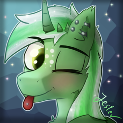 Size: 1000x1000 | Tagged: safe, artist:jesterpi, oc, oc:jester pi, pegasus, pony, bars, cute, freckles, glow, horn, outline, piercing, profile picture, simple, smiling, smirk, sparkles, tongue out, winter