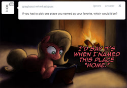 Size: 1156x800 | Tagged: safe, artist:hewison, oc, oc:pun, earth pony, pony, ask, ask pun, book, female, fireplace, mare, prone, solo