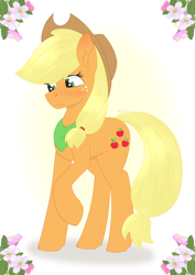 Size: 2480x3508 | Tagged: safe, artist:dyonys, derpibooru exclusive, derpibooru import, applejack, earth pony, pony, apple blossom, applejack's hat, blushing, clothes, cowboy hat, cutie mark, ear fluff, female, flower, freckles, hat, looking down, mare, raised hoof, scarf, simple background, standing