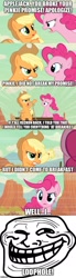 Size: 500x1813 | Tagged: safe, edit, edited screencap, screencap, applejack, pinkie pie, earth pony, pony, the last roundup, caption, desert, dialogue, image macro, loophole, meme, pinkie promise, quote, stagecoach, text, trollface