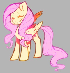 Size: 655x682 | Tagged: safe, artist:kilo, fluttershy, pegasus, pony, cute, eyes closed, female, gray background, mare, shyabetes, simple background, smiling, solo, standing, three quarter view, wings