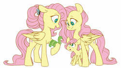 Size: 5295x2979 | Tagged: safe, artist:chub-wub, part of a set, fluttershy, pegasus, pony, snake, the last problem, age progression, cute, female, filly, filly fluttershy, folded wings, looking at someone, looking at something, mare, multeity, older, older fluttershy, open mouth, self ponidox, shyabetes, simple background, so much flutter, solo, standing, triality, white background, wings, younger