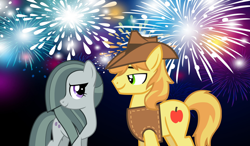 Size: 2064x1203 | Tagged: safe, braeburn, marble pie, braeble, crack shipping, female, fireworks, happy new year, happy new year 2020, holiday, looking at each other, male, new year, night, shipping, smiling, straight