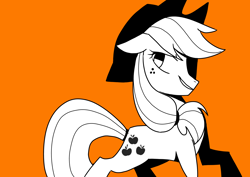 Size: 1754x1240 | Tagged: safe, artist:pinweena30, derpibooru import, applejack, earth pony, pony, cowboy, cowboy hat, female, hat, looking at you, mare, orange background, shadow, simple background, smiling, smirk, solo, standing
