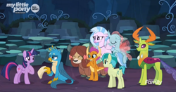 Size: 1983x1041 | Tagged: safe, screencap, gallus, ocellus, sandbar, silverstream, smolder, thorax, twilight sparkle, twilight sparkle (alicorn), yona, alicorn, changedling, changeling, classical hippogriff, dragon, earth pony, griffon, hippogriff, pony, yak, uprooted, bow, cave, cave of harmony, cloven hooves, colored hooves, cropped, dragoness, female, flying, hair bow, jewelry, king thorax, male, monkey swings, necklace, permission slip, student six, teenager