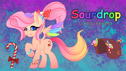 Size: 3840x2160 | Tagged: safe, artist:cansy, oc, oc:sourdrop, pegasus, pony, accessories, bag, candy, candy cane, food, pegasus oc, ponytail