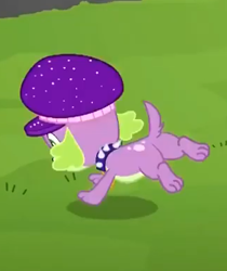 Size: 325x387 | Tagged: safe, screencap, spike, spike the regular dog, dog, better together, equestria girls, sunset's backstage pass!, butt, collar, dragonbutt, hat, male, paws, rear view, running, spike's dog collar, spike's festival hat, spiked collar, tail, underpaw