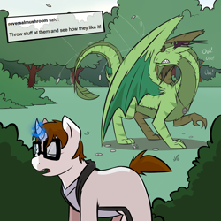 Size: 2000x2000 | Tagged: safe, artist:professor-ponyarity, oc, oc:gene, oc:rye, dragon, unicorn, forest, tumblr:ask rye dimar dragon, weak