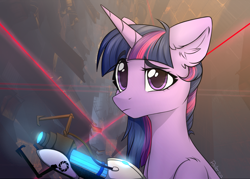 Size: 1280x916 | Tagged: safe, artist:reterica, twilight sparkle, unicorn twilight, pony, unicorn, ear fluff, female, horn, portal (valve), portal gun, signature, solo