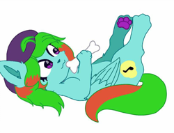 Size: 1036x792 | Tagged: safe, artist:skater streak, oc, oc only, oc:precised note, dog, :3, bone, cap, cutie mark, hat, legs raised, lying down, paws, underpaw, wings