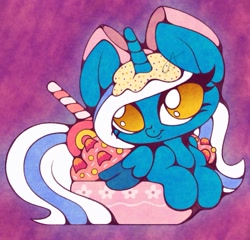 Size: 913x875 | Tagged: safe, artist:jessie park, strawberry ice, oc, oc:fleurbelle, alicorn, adorabelle, adorable face, alicorn oc, bow, bowl, candy, candy cane, chibi, cute, female, food, golden eyes, hair bow, ice cream, mare, sprinkles, sweet, sweets