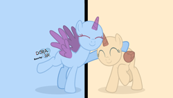 Size: 3000x1688 | Tagged: safe, artist:doraair, alicorn, pony, base, duo, eyes closed, raised hoof, smiling, split screen