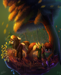 Size: 816x1000 | Tagged: safe, artist:atlas-66, artist:dipfanken, oc, oc only, oc:atlas, oc:fanken, earth pony, pegasus, pony, collaboration, clothes, dirt cube, duo, floating island, floppy ears, grass, hoodie, jacket, mushroom, scenery, tree