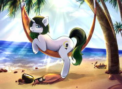 Size: 4000x2896 | Tagged: safe, artist:raranfa, oc, oc only, oc:vex vixen, pony, unicorn, beach, black rose, female, hammock, looking at you, mare, ocean, palm tree, profile, sand, side view, solo, tree