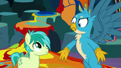 Size: 1920x1080 | Tagged: safe, screencap, gallus, sandbar, earth pony, griffon, pony, uprooted, duo, paint, spread wings, wings