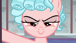 Size: 1280x720 | Tagged: safe, edit, edited screencap, screencap, cozy glow, pegasus, pony, school raze, adorabolical, cozy glow is best facemaker, cozybetes, cute, door, evil grin, female, filly, foal, grin, inverted mouth, lidded eyes, looking at you, pure concentrated unfiltered evil of the utmost potency, reaction image, smiling, solo